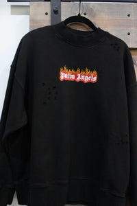 Palm Angels Burning Logo Print Distressed Sweatshirt -